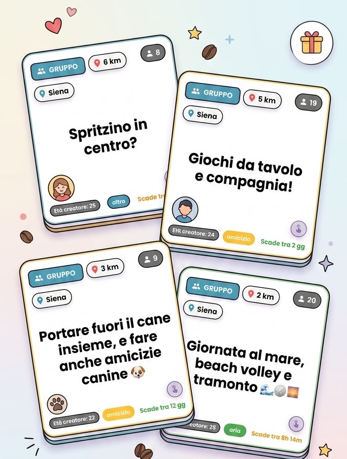 Esempi di iniziative su Wimii: uno spritz in centro, giochi da tavolo, una passeggiata col cane, una giornata al mare